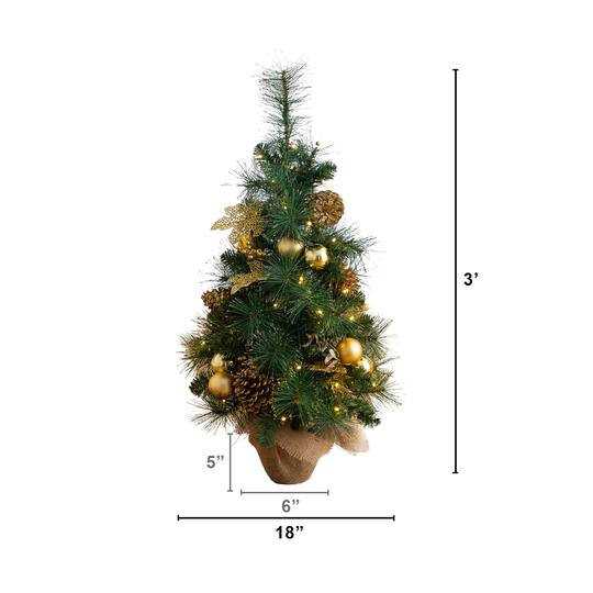 Nearly Natural 3ft. Pre-Lit Artificial Christmas Tree with Gold Ornaments & Pinecones in Jute Wrapped Base, Warm Lights